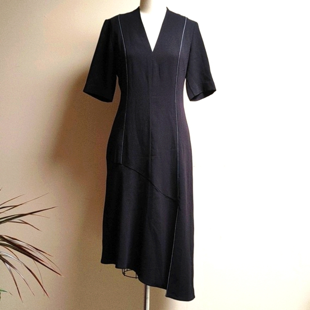 Mango Suit Dress Black Crepe Asymmetrical Hem White Topstitching Size 6
